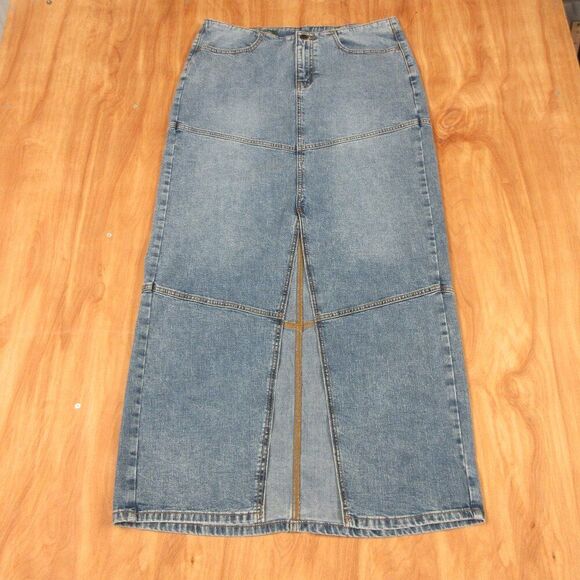 WILD FABLE Mid-Rise Chevron Denim Maxi Skirt Sz 10 Blue Jean Long Skirt Slit NEW - Picture 1 of 12
